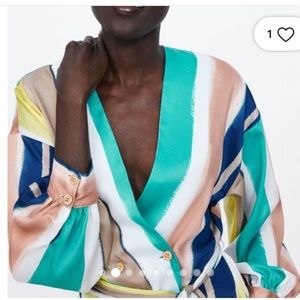 Zara Wrapover Blouse Top Turquoise Watercolor